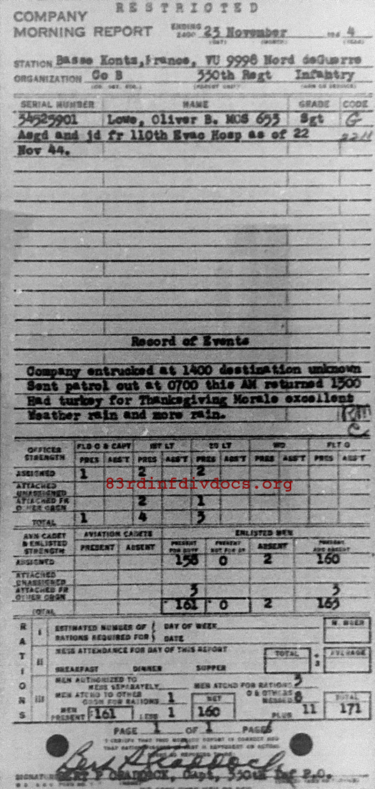 Morning report B Co, 1944-11-23, page 1 Morning report