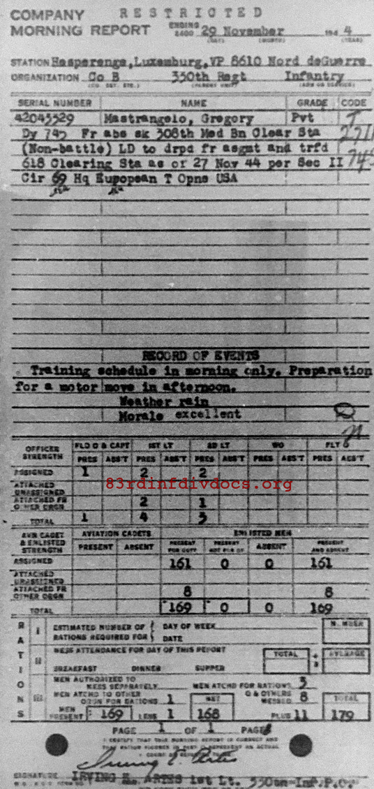 Morning report B Co, 1944-11-29, page 1 Morning report