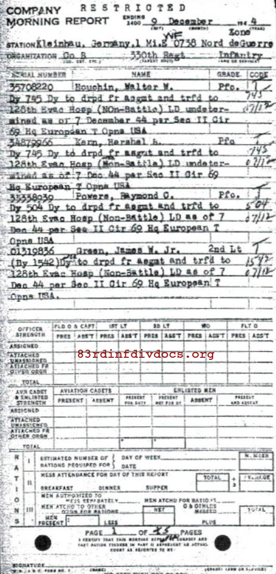 Morning report B Co, 1944-12-09, page 1 Morning report