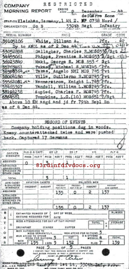 Morning report B Co, 1944-12-09, page 5 Morning report