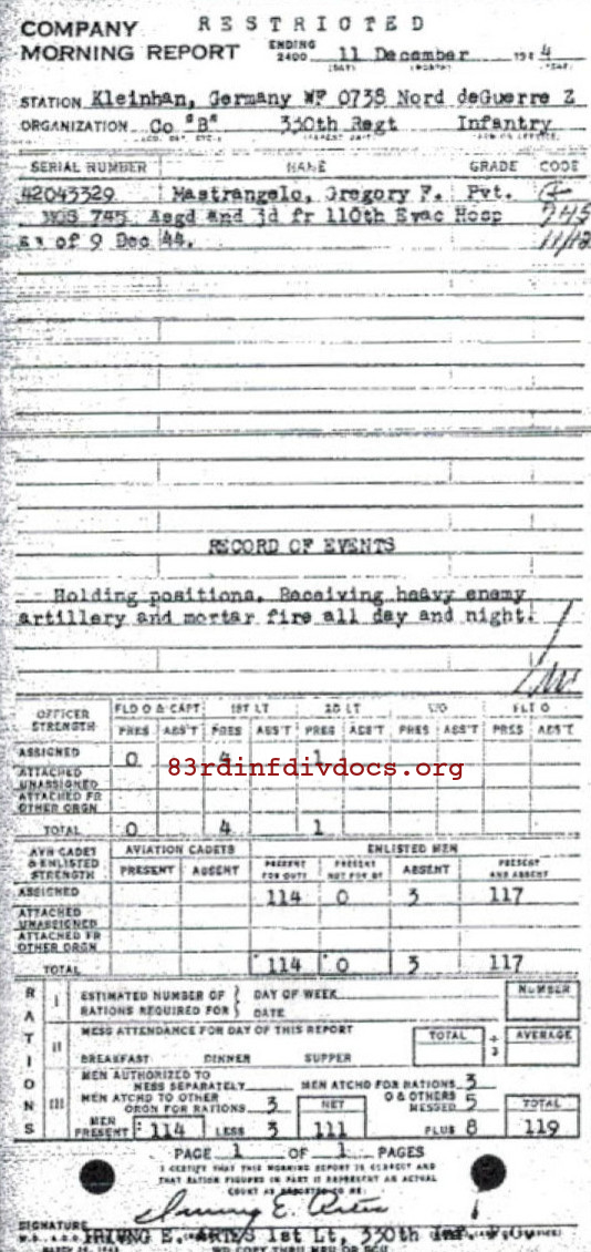 Morning report B Co, 1944-12-11, page 1 Morning report