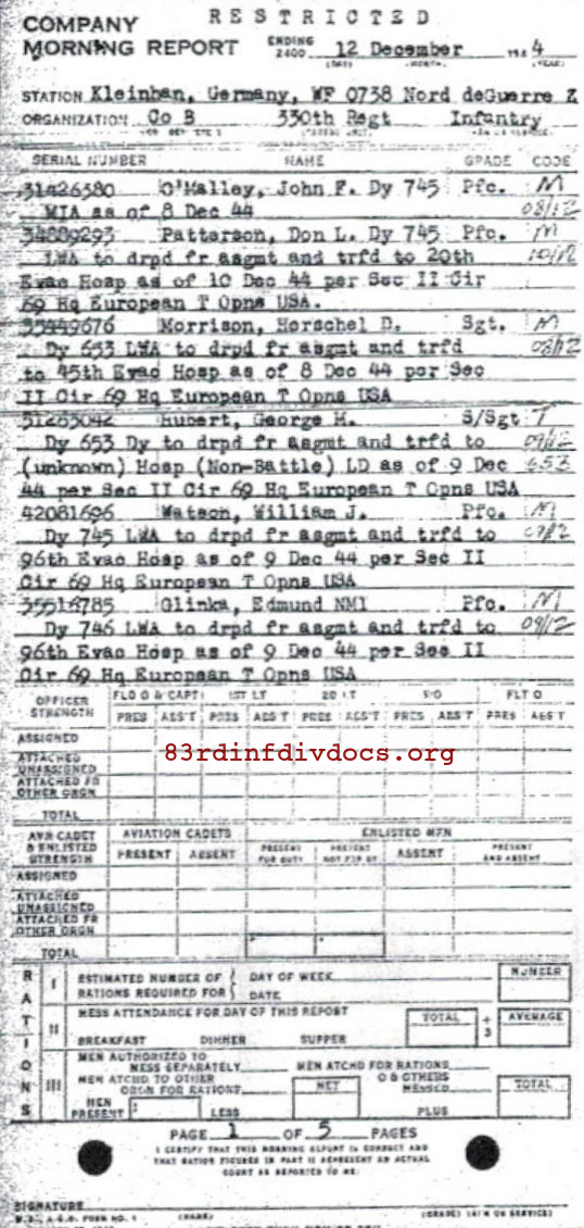 Morning report B Co, 1944-12-12, page 1 Morning report