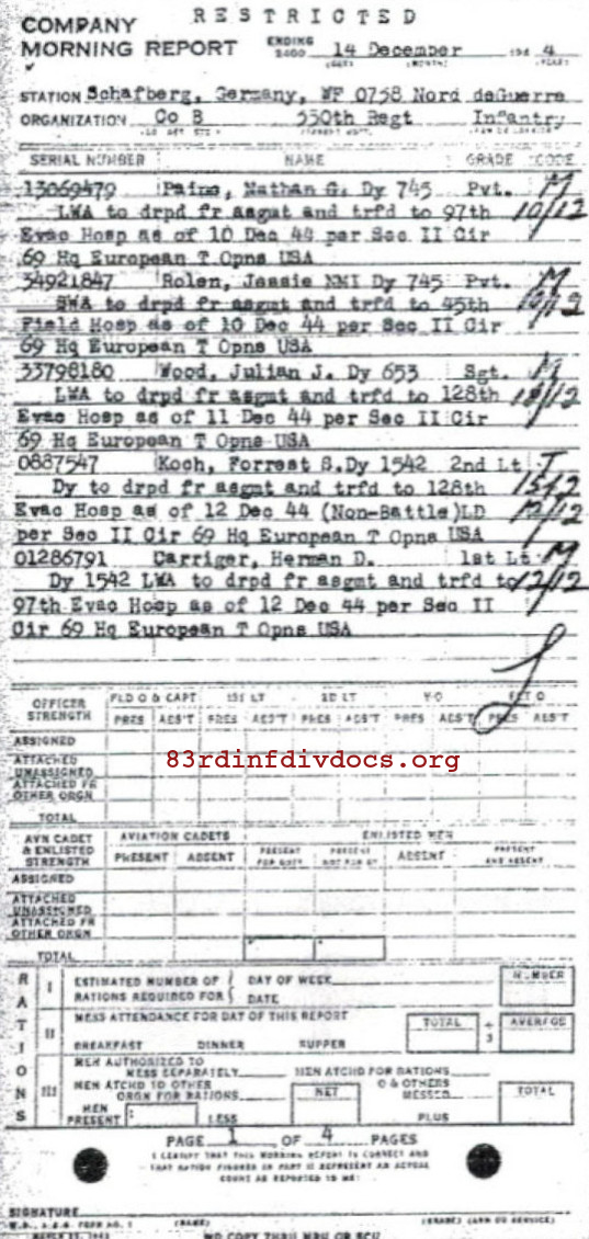 Morning report B Co, 1944-12-14, page 1 Morning report