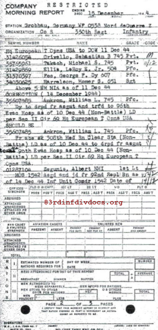 Morning report B Co, 1944-12-15, page 2 Morning report
