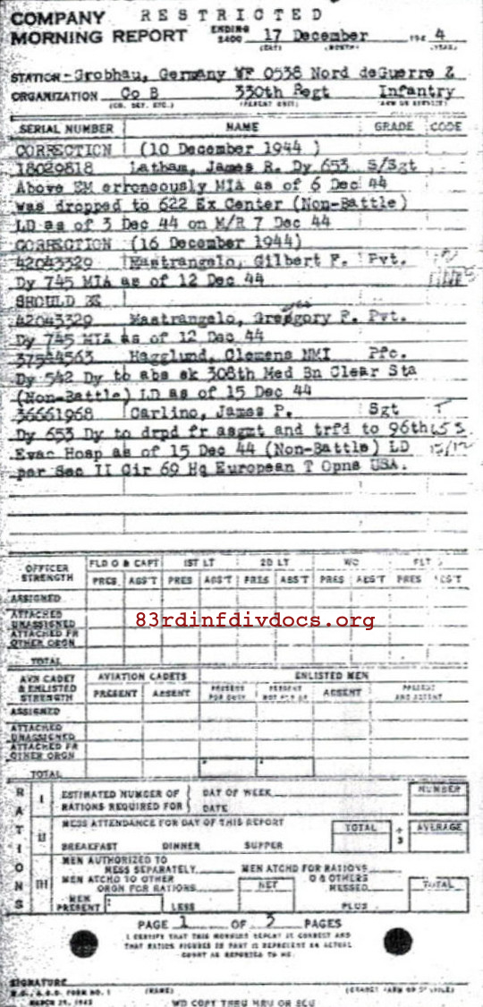 Morning report B Co, 1944-12-17, page 1 Morning report