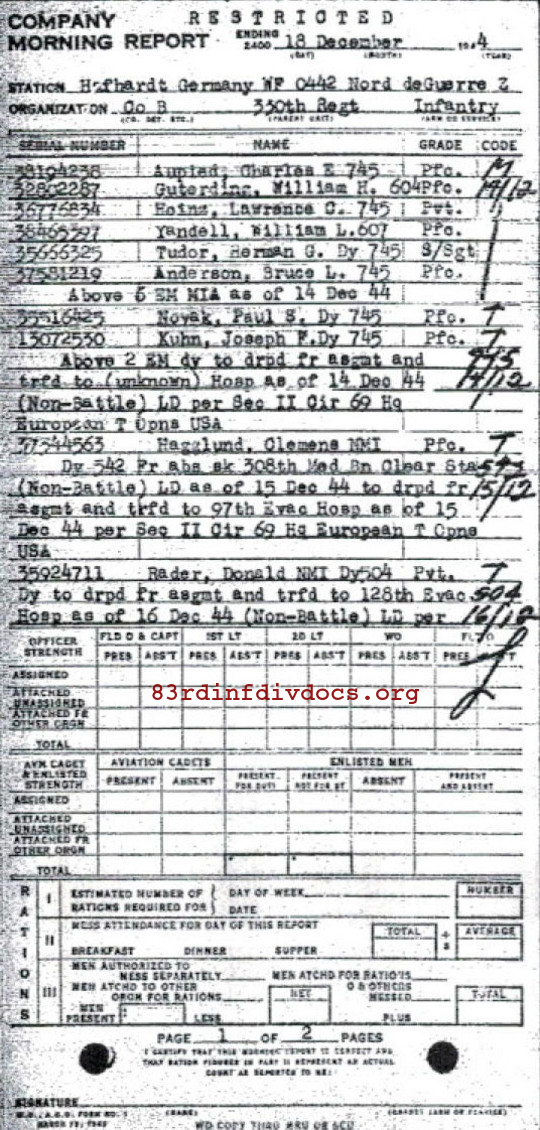 Morning report B Co, 1944-12-18, page 1 Morning report