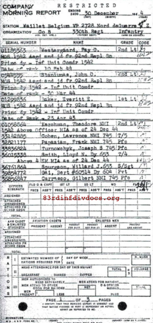 Morning report B Co, 1944-12-30, page 1 Morning report