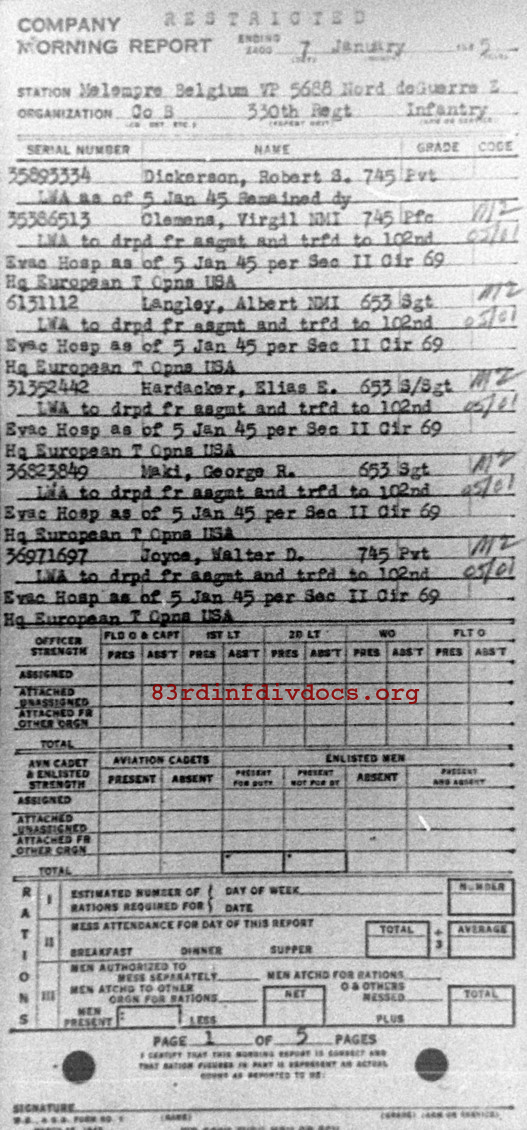 Morning report B Co, 1945-01-07, page 1 Morning report