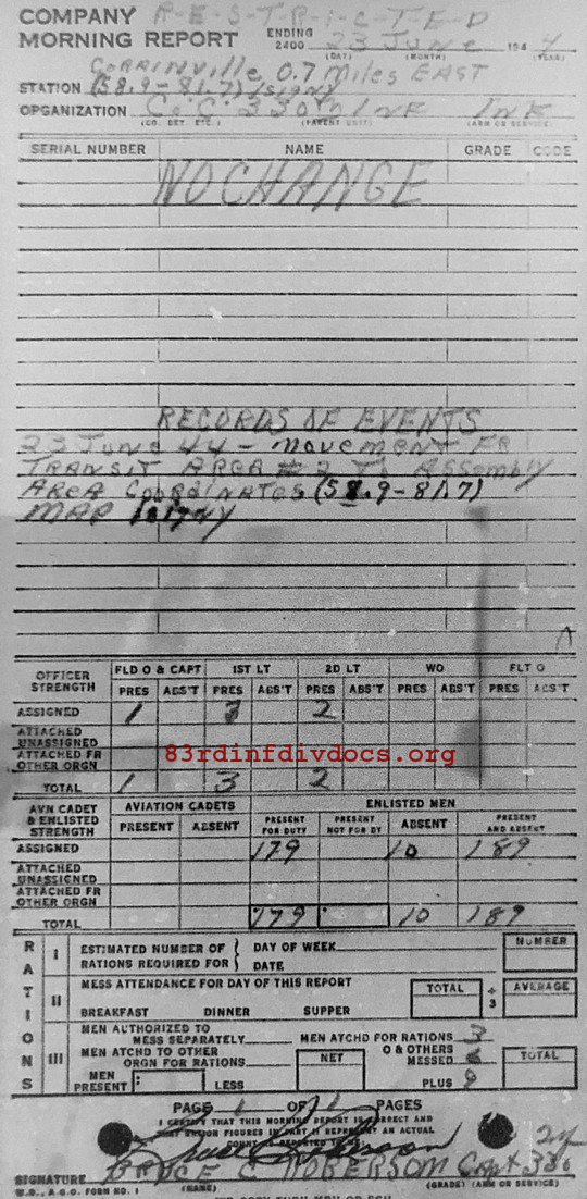 Morning report C Co, 1944-06-23, page 1 Morning report