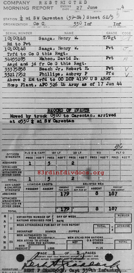 Morning report C Co, 1944-06-27, page 1 Morning report