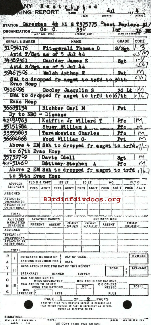 Morning report C Co, 1944-07-07, page 1 Morning report
