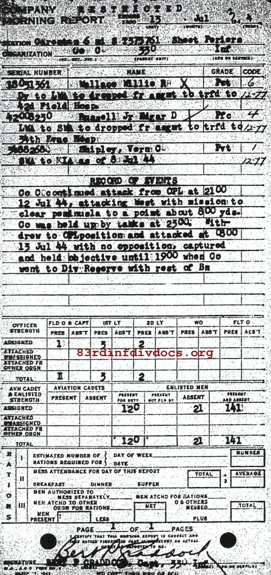 Morning report C Co, 1944-07-13, page 1 Morning report