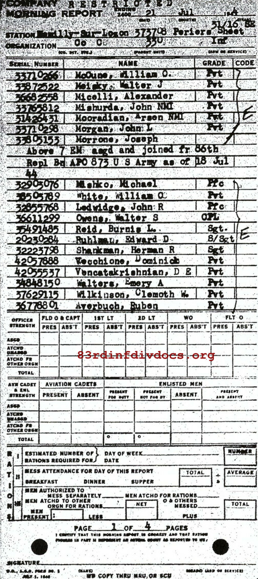 Morning report C Co, 1944-07-21, page 1 Morning report