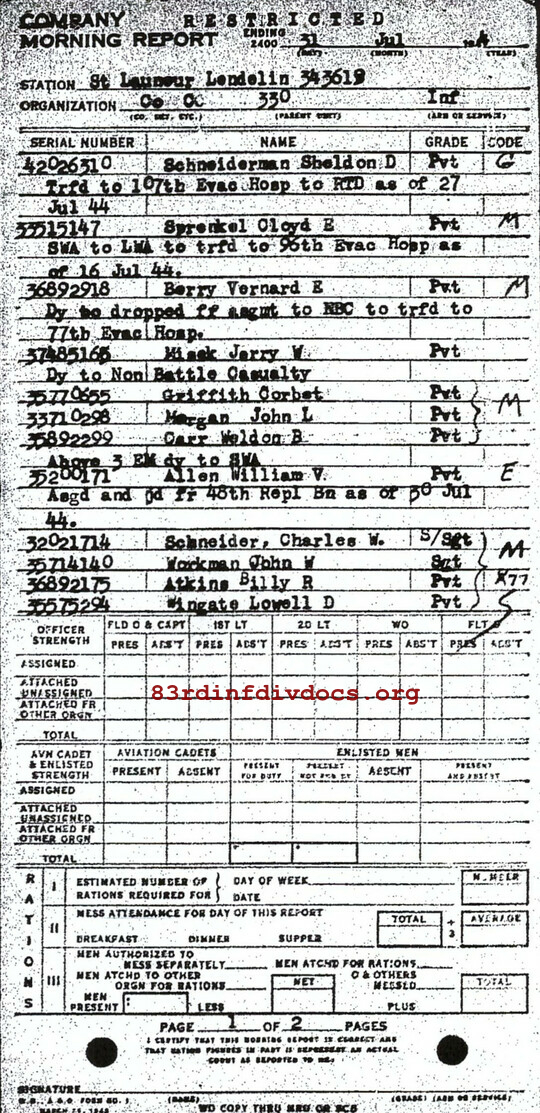 Morning report C Co, 1944-07-31, page 1 Morning report