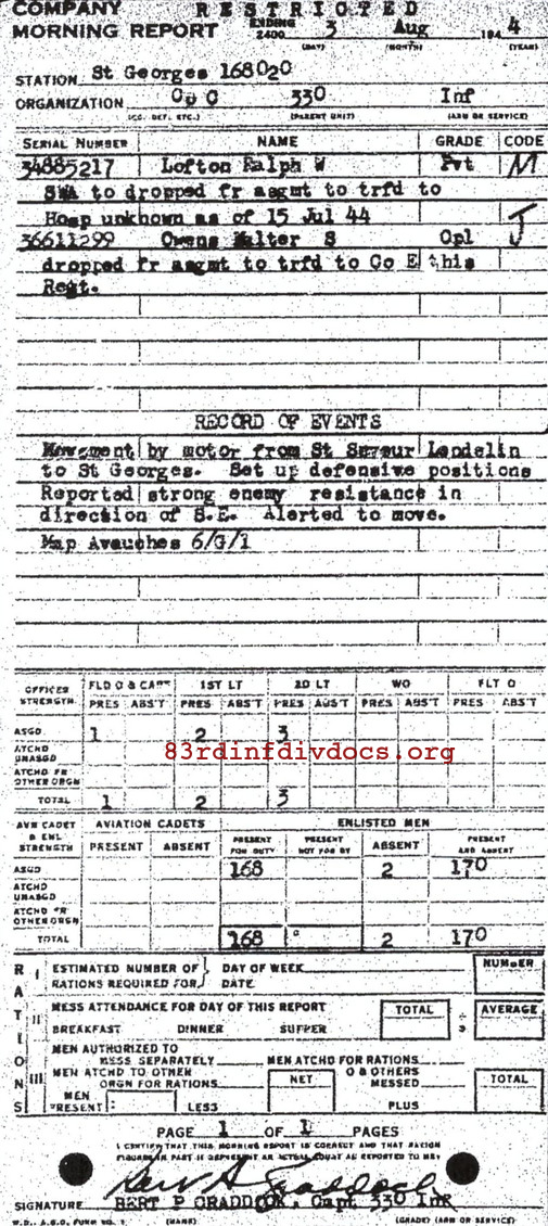 Morning report C Co, 1944-08-03, page 1 Morning report