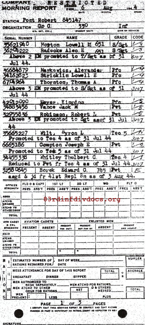 Morning report C Co, 1944-08-06, page 1 Morning report