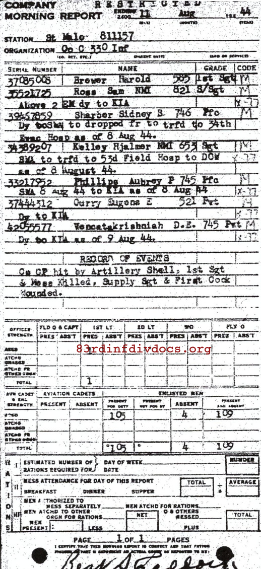 Morning report C Co, 1944-08-11, page 1 Morning report