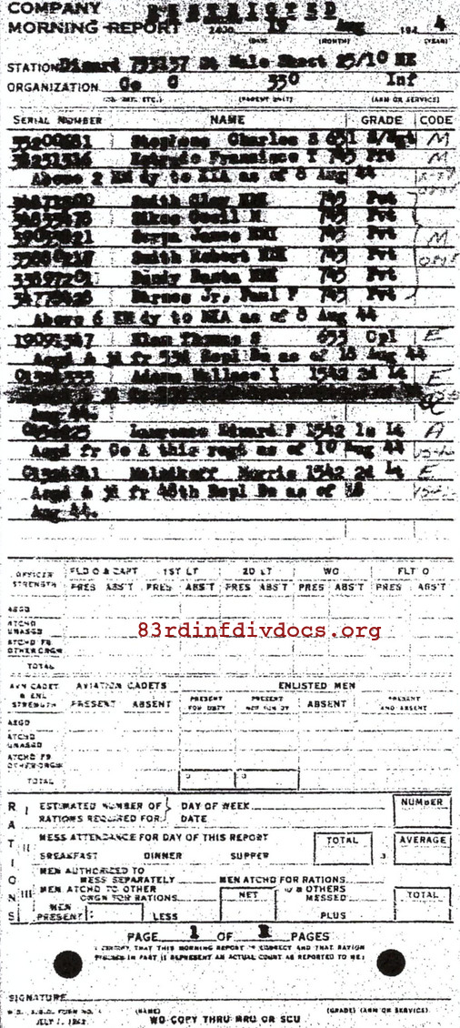 Morning report C Co, 1944-08-19, page 1 Morning report