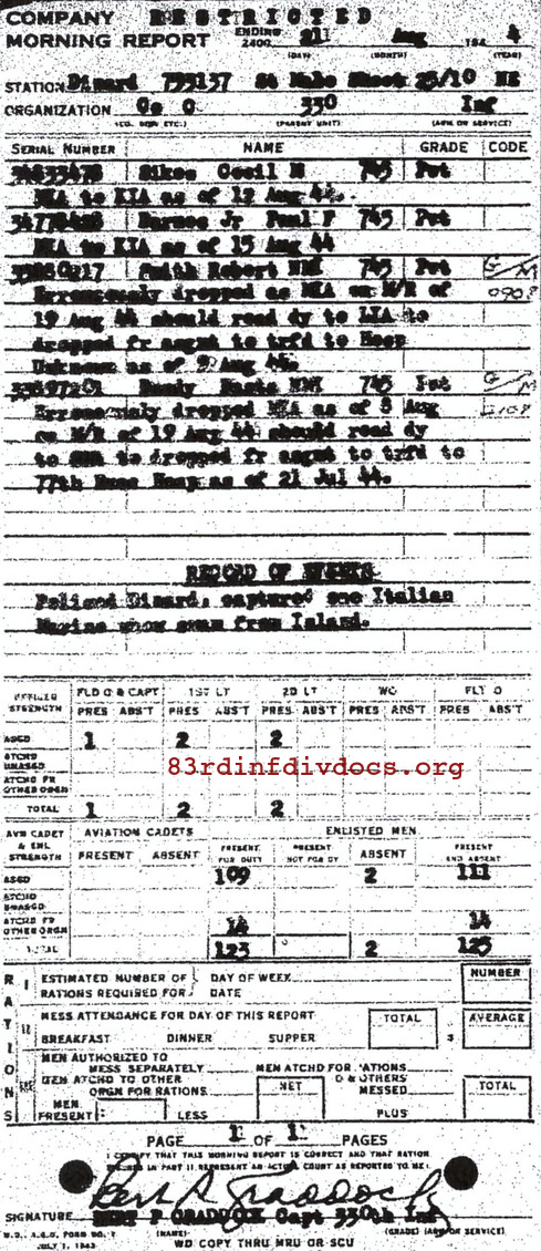 Morning report C Co, 1944-08-21, page 1 Morning report