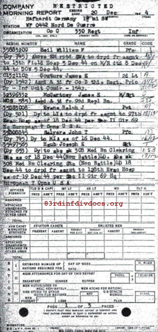 Morning report C Co, 1944-12-20, page 1 Morning report