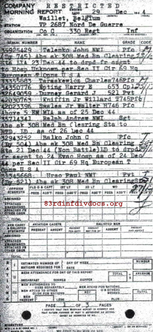 Morning report C Co, 1944-12-29, page 1 Morning report