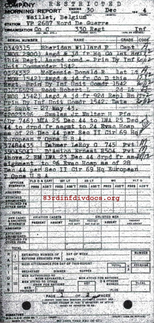 Morning report C Co, 1944-12-30, page 1 Morning report