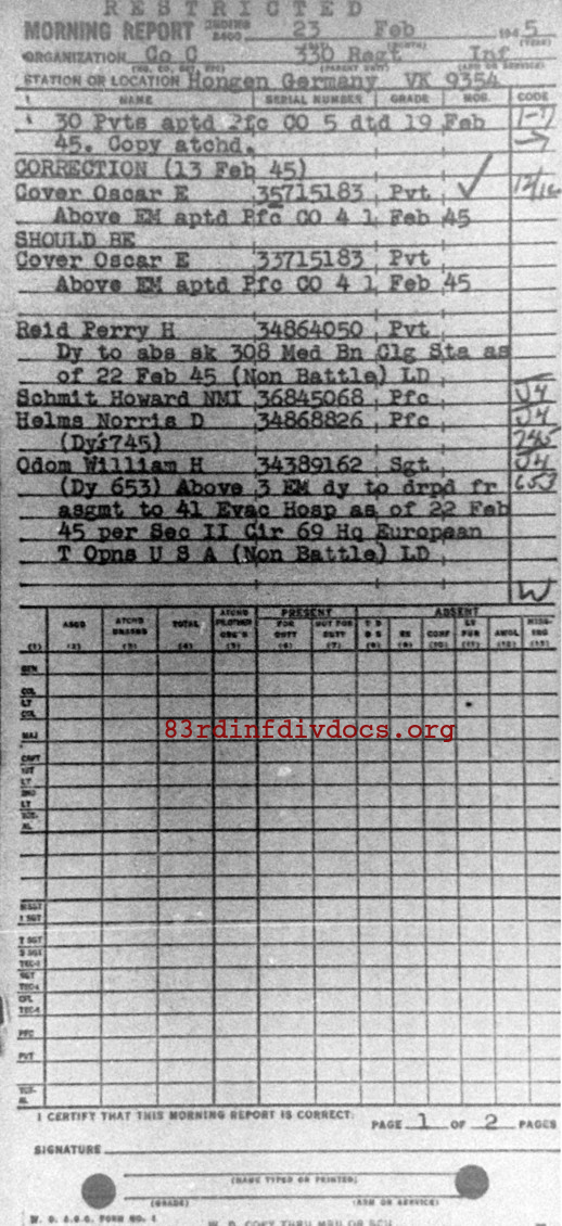 Morning report C Co, 1945-02-23, page 1 Morning report