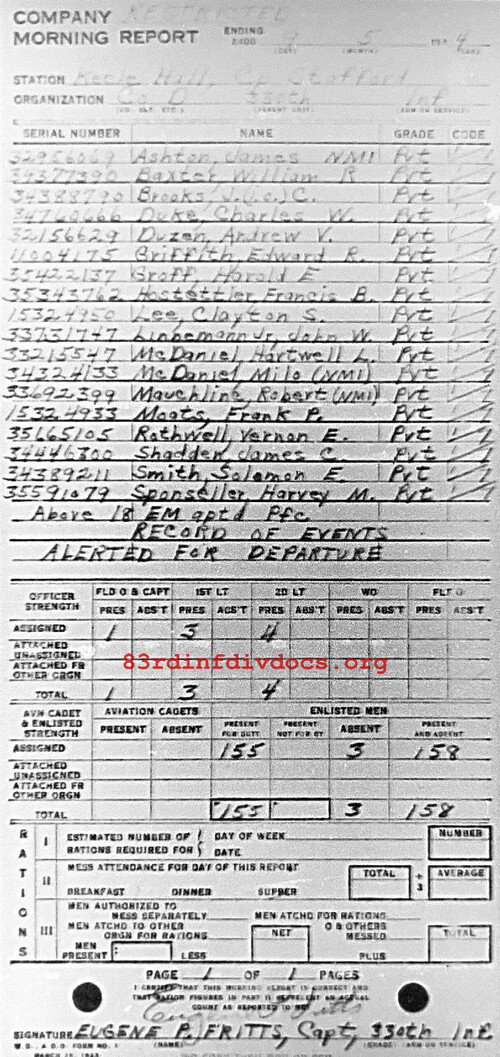 Morning report D Co, 1944-05-09, page 1 Morning report