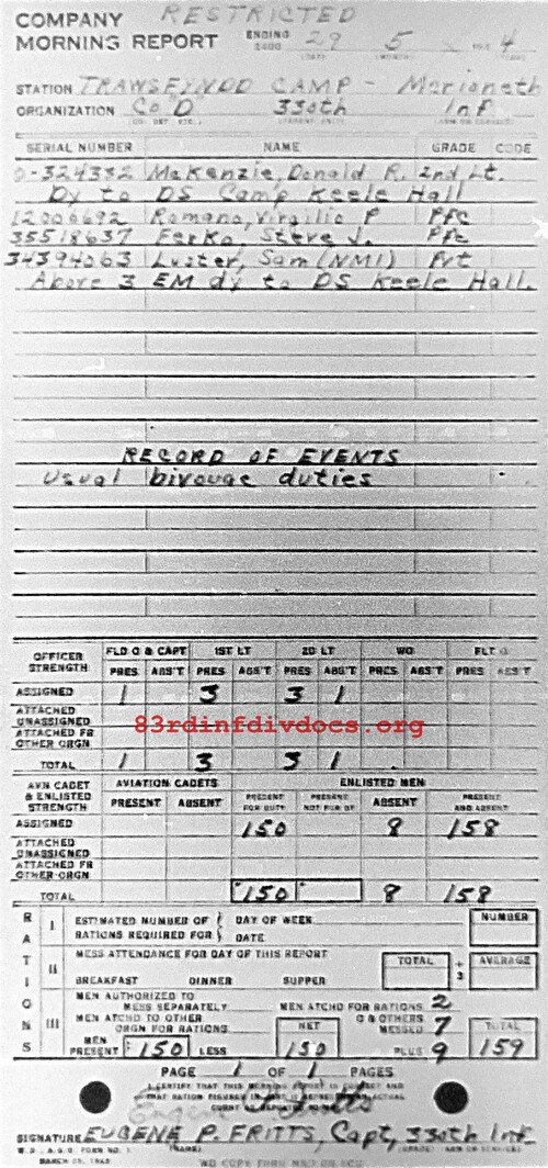 Morning report D Co, 1944-05-29, page 1 Morning report