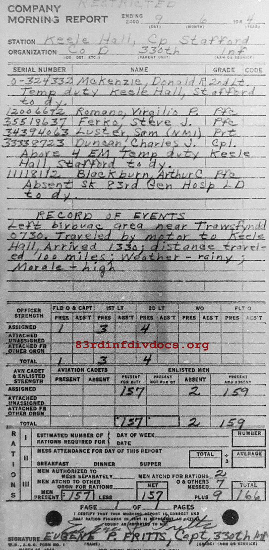 Morning report D Co, 1944-06-09, page 1 Morning report