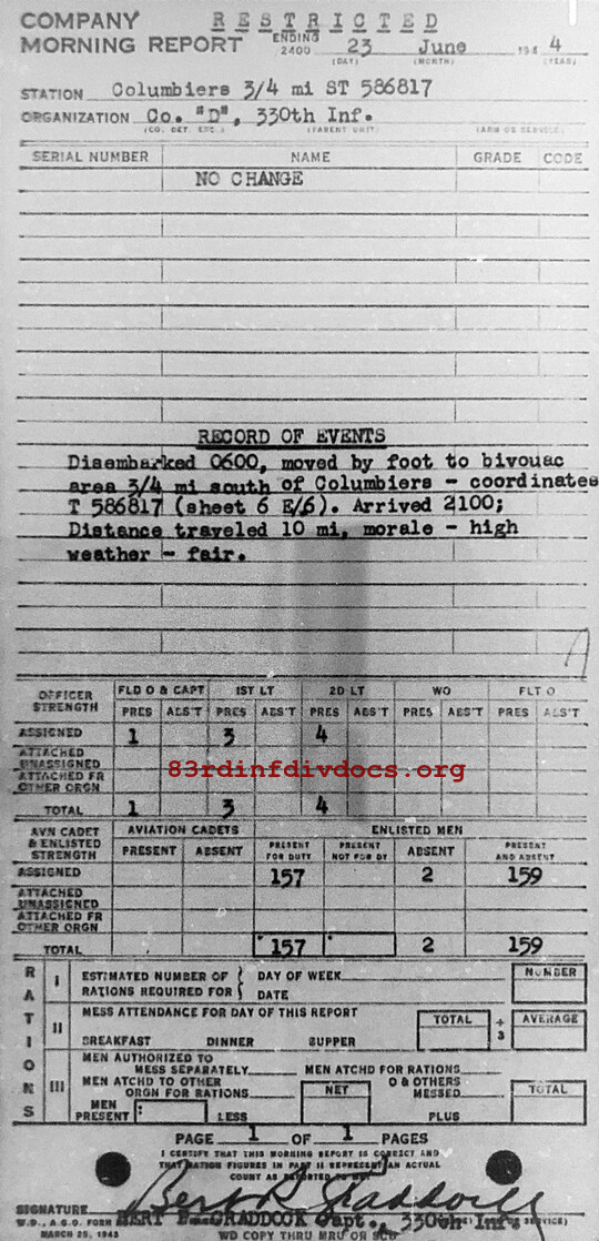 Morning report D Co, 1944-06-23, page 1 Morning report