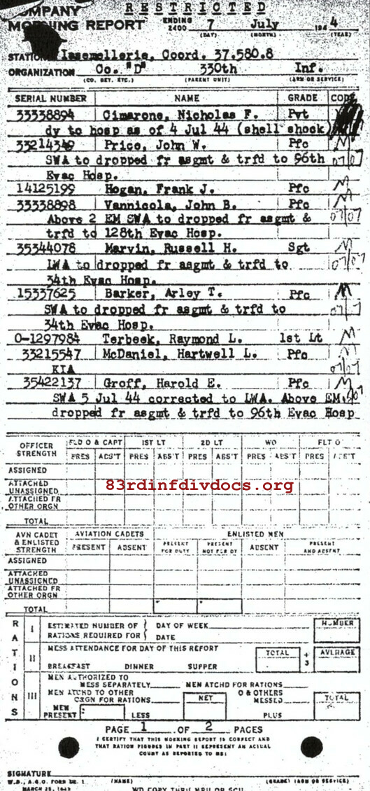 Morning report D Co, 1944-07-07, page 1 Morning report