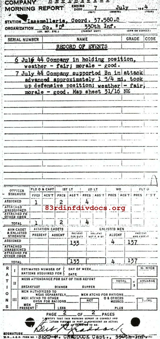 Morning report D Co, 1944-07-07, page 2 Morning report