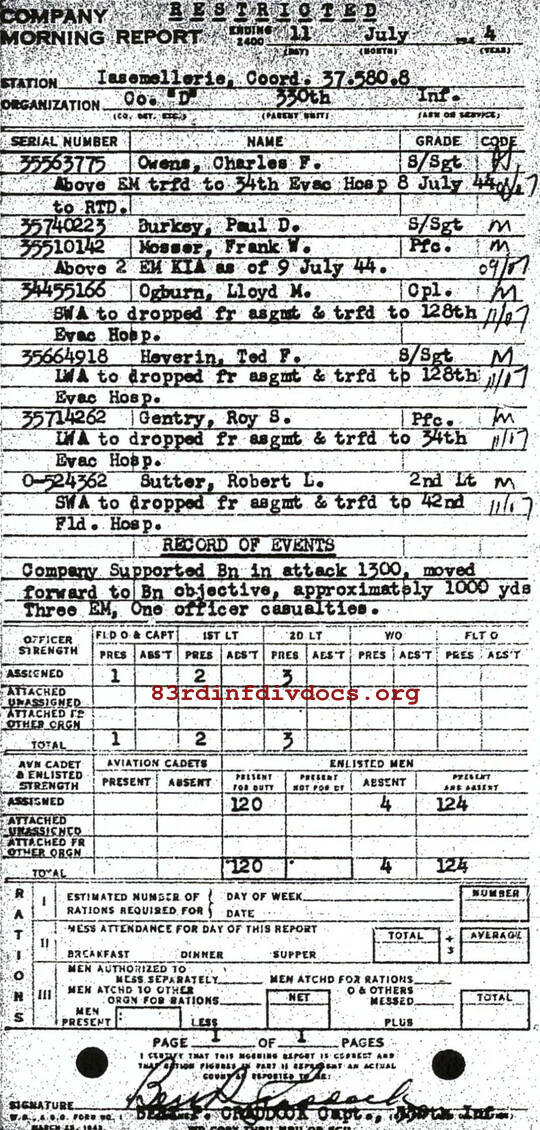 Morning report D Co, 1944-07-11, page 1 Morning report