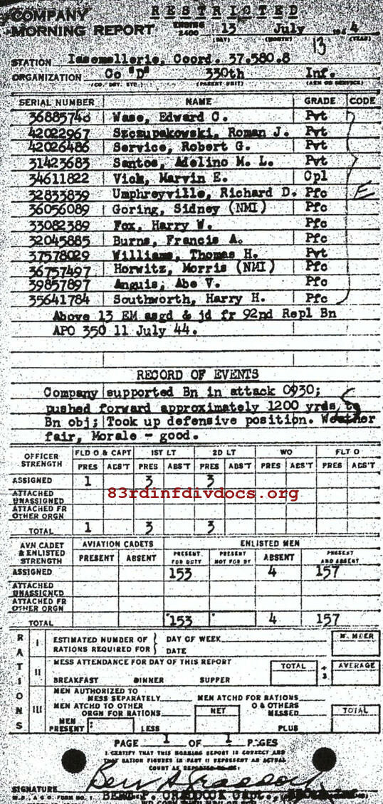 Morning report D Co, 1944-07-13, page 1 Morning report