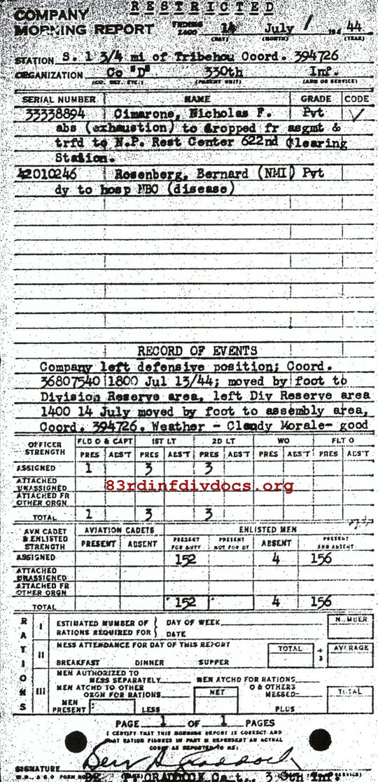 Morning report D Co, 1944-07-14, page 1 Morning report
