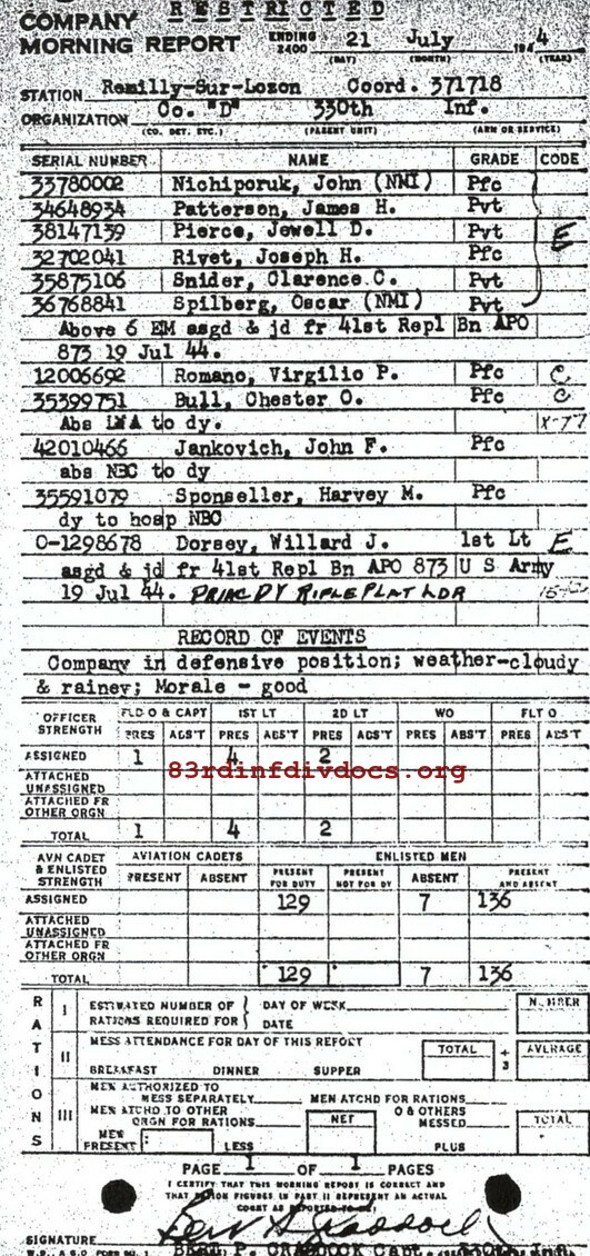 Morning report D Co, 1944-07-21, page 1 Morning report