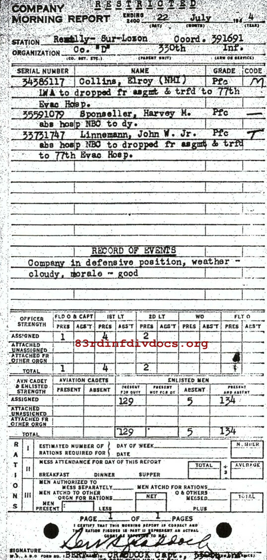 Morning report D Co, 1944-07-22, page 1 Morning report