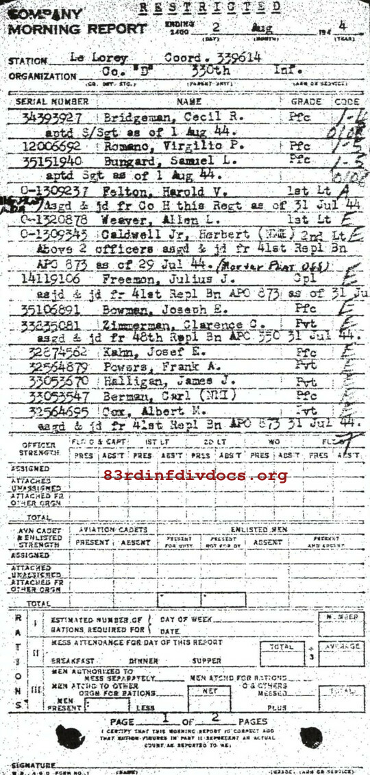 Morning report D Co, 1944-08-02, page 1 Morning report