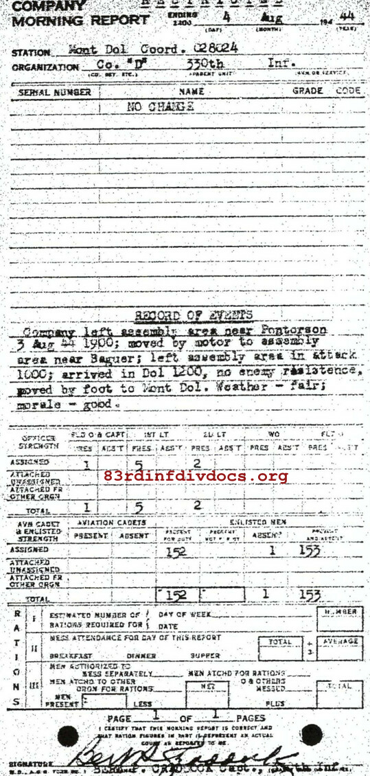 Morning report D Co, 1944-08-04, page 1 Morning report