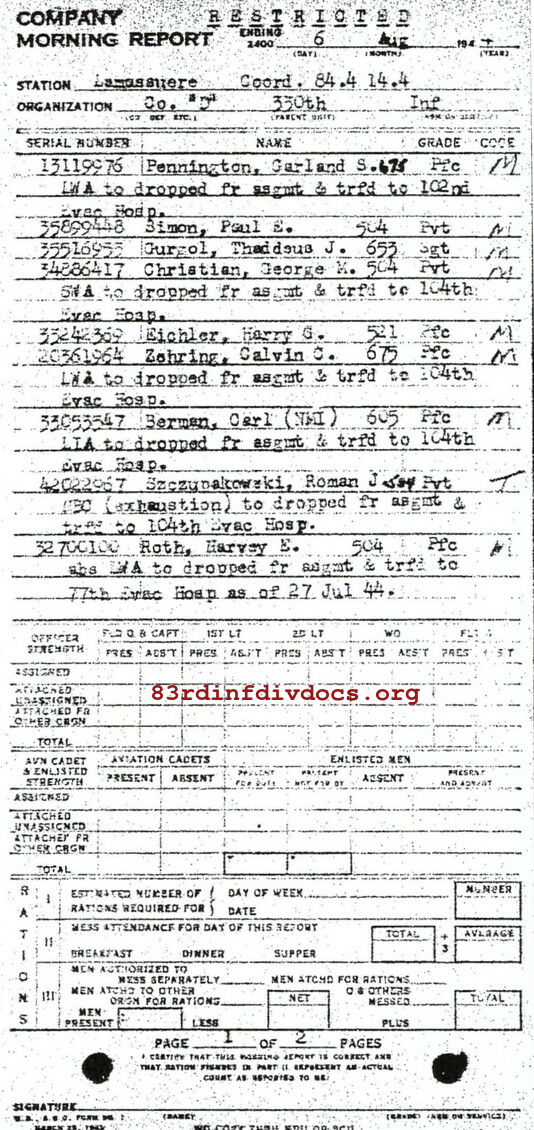 Morning report D Co, 1944-08-06, page 1 Morning report
