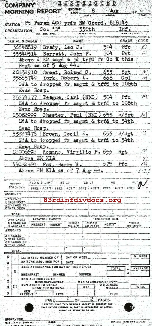 Morning report D Co, 1944-08-08, page 1 Morning report