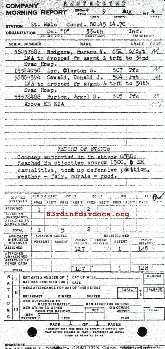 Morning report D Co, 1944-08-09, page 1 Morning report