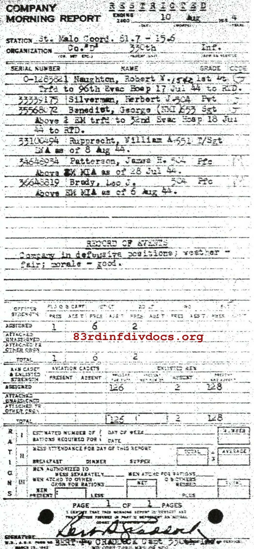 Morning report D Co, 1944-08-10, page 1 Morning report