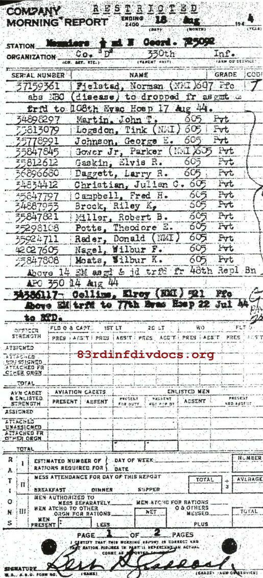 Morning report D Co, 1944-08-18, page 1 Morning report