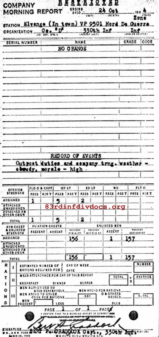 Morning report D Co, 1944-10-24, page 1 Morning report