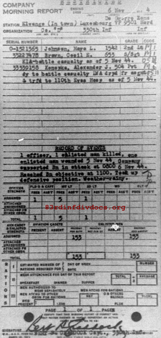 Morning report D Co, 1944-11-06, page 1 Morning report