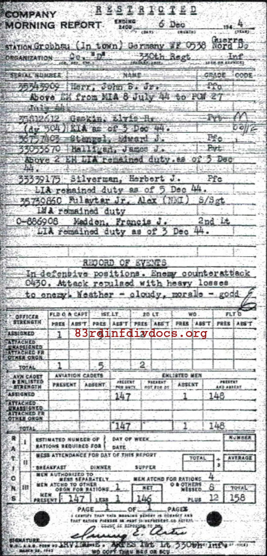 Morning report D Co, 1944-12-06, page 1 Morning report