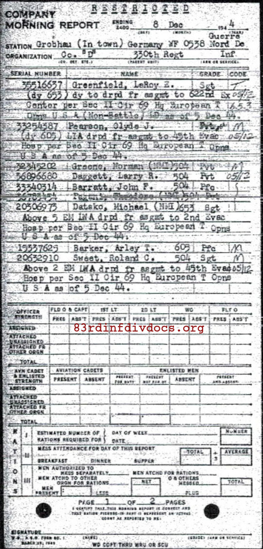 Morning report D Co, 1944-12-08, page 1 Morning report