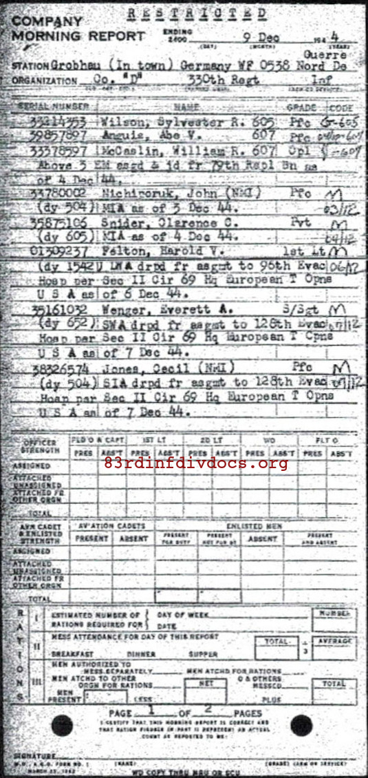 Morning report D Co, 1944-12-09, page 1 Morning report